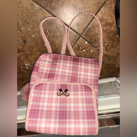 Handbags - Pink white gold check plaid gingham Lolita backpack cottage bag